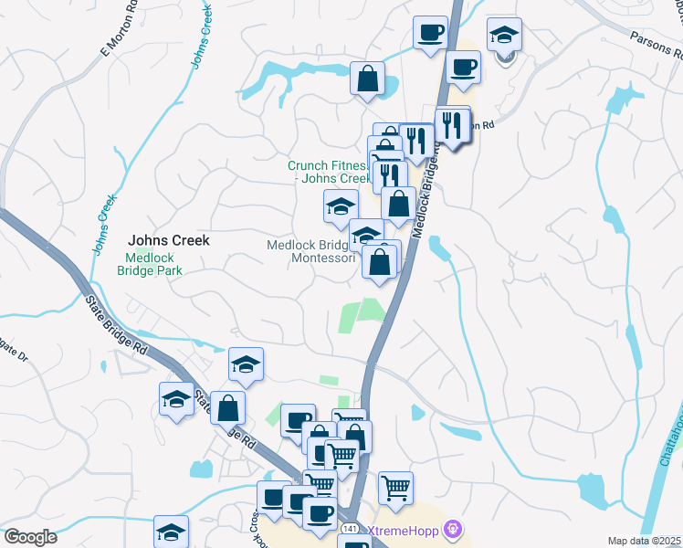map of restaurants, bars, coffee shops, grocery stores, and more near 5780 Medlock Bridge Pkwy in Alpharetta
