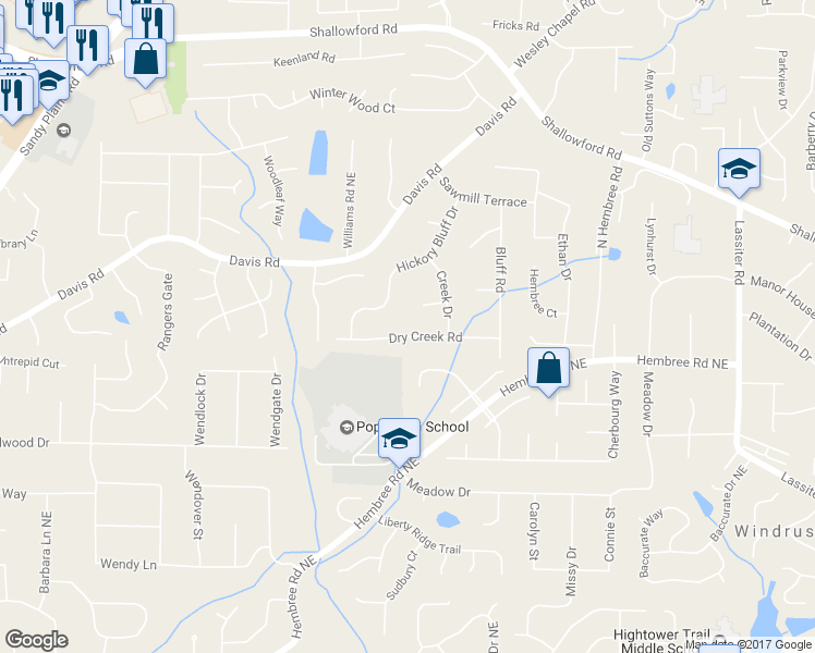 map of restaurants, bars, coffee shops, grocery stores, and more near 3451 Dry Creek Road in Marietta