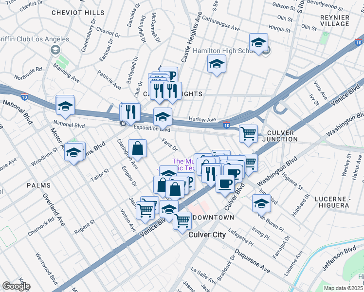 map of restaurants, bars, coffee shops, grocery stores, and more near 3650 Watseka Avenue in Los Angeles