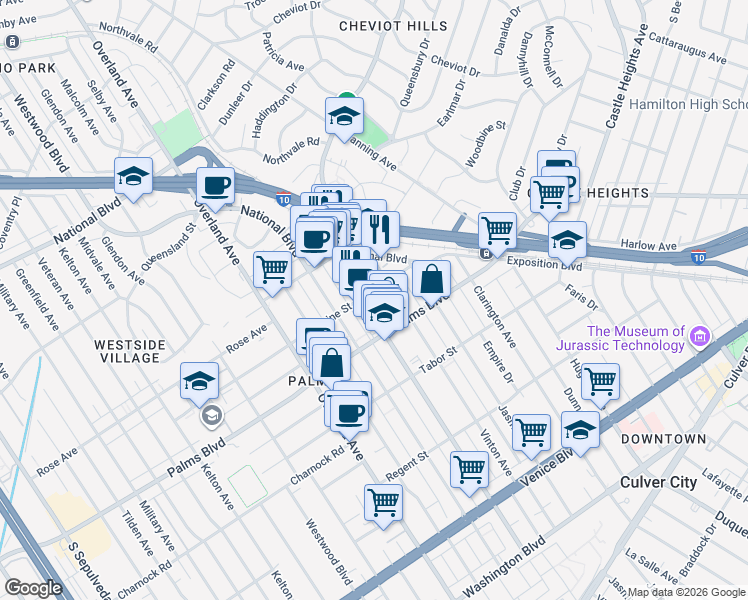 map of restaurants, bars, coffee shops, grocery stores, and more near 3431 Vinton Avenue in Los Angeles