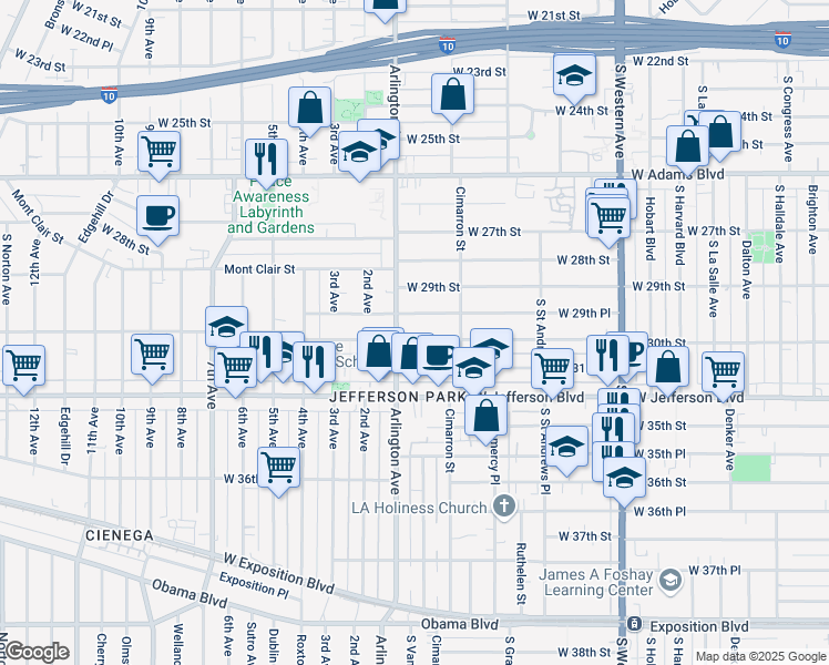 map of restaurants, bars, coffee shops, grocery stores, and more near 2257 West 30th Street in Los Angeles