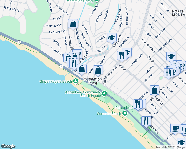 map of restaurants, bars, coffee shops, grocery stores, and more near 143 Ocean Avenue Extension in Santa Monica