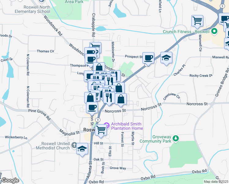 map of restaurants, bars, coffee shops, grocery stores, and more near 1015 Alpharetta Street in Roswell