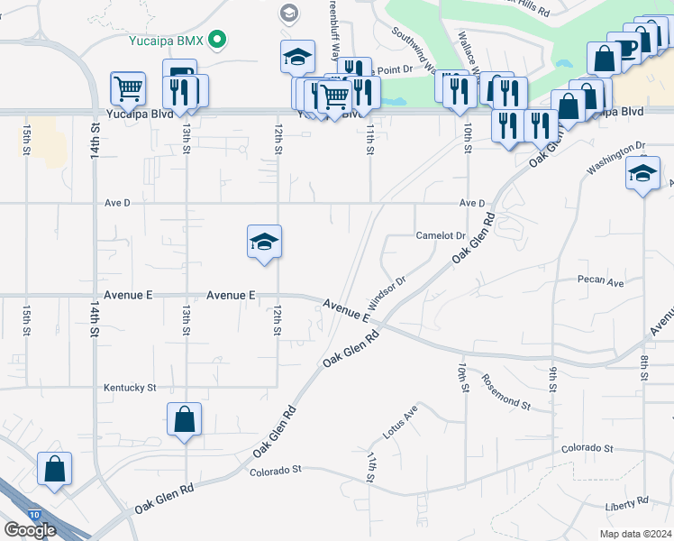 map of restaurants, bars, coffee shops, grocery stores, and more near 33022 Avenue E in Yucaipa