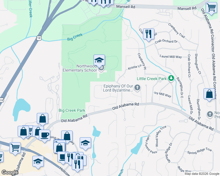 map of restaurants, bars, coffee shops, grocery stores, and more near 180 Tyson Circle in Roswell