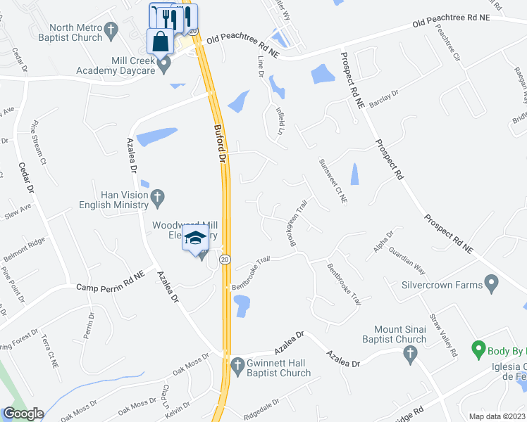 map of restaurants, bars, coffee shops, grocery stores, and more near 2002 Stonewick Court in Lawrenceville