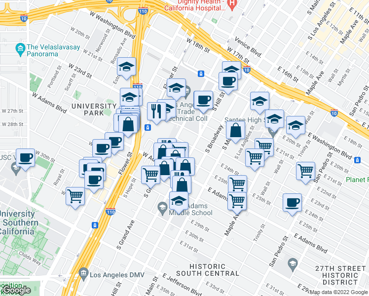 map of restaurants, bars, coffee shops, grocery stores, and more near 240 West 24th Street in Los Angeles