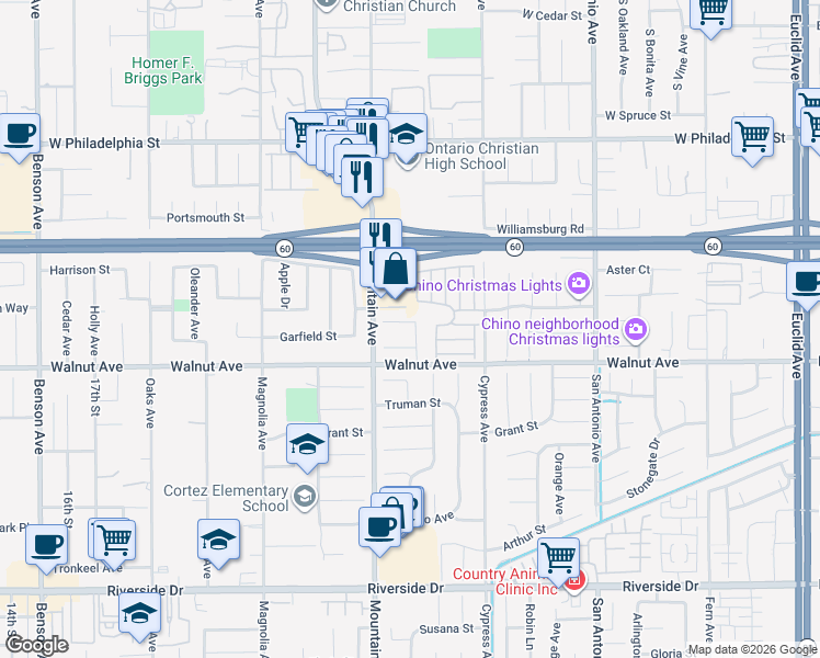 map of restaurants, bars, coffee shops, grocery stores, and more near 6363 Hartford Court in Chino