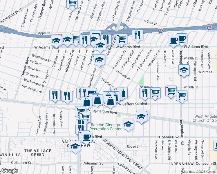 map of restaurants, bars, coffee shops, grocery stores, and more near 2918 South West View Street in Los Angeles