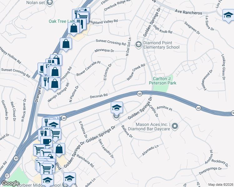 map of restaurants, bars, coffee shops, grocery stores, and more near 23960 Decorah Road in Diamond Bar