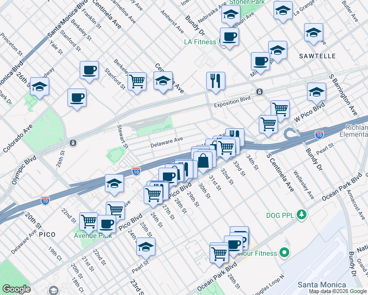 map of restaurants, bars, coffee shops, grocery stores, and more near 3007 Virginia Avenue in Santa Monica