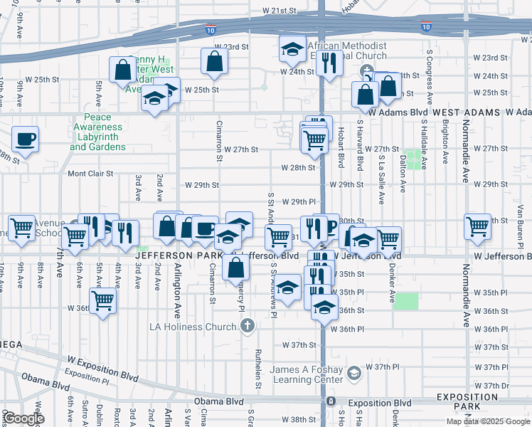 map of restaurants, bars, coffee shops, grocery stores, and more near 2107 West 30th Street in Los Angeles