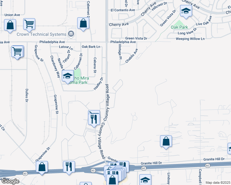 map of restaurants, bars, coffee shops, grocery stores, and more near 3390 Country Village Road in Riverside