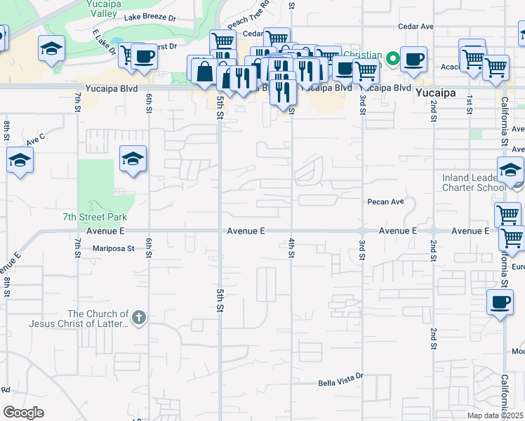 map of restaurants, bars, coffee shops, grocery stores, and more near 12414 4th Street in Yucaipa