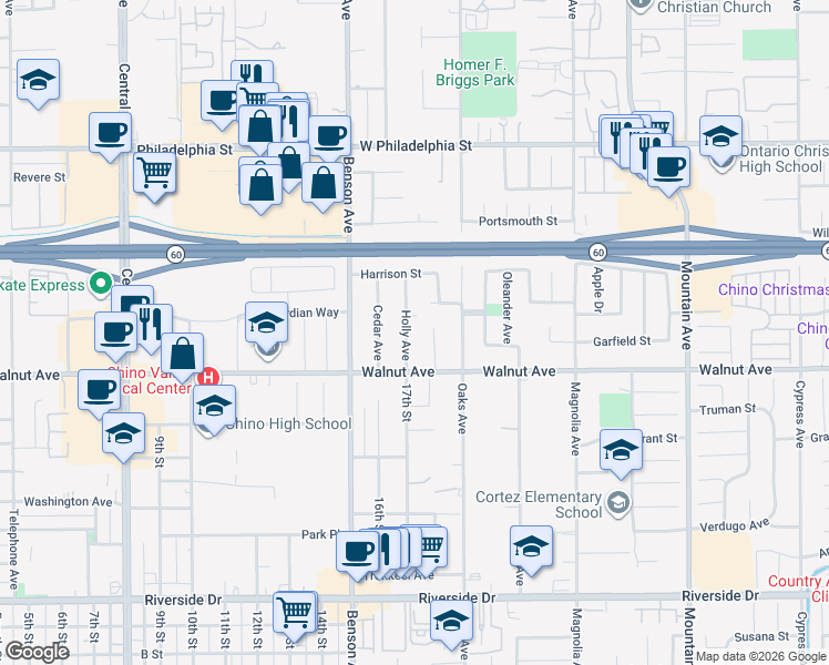 map of restaurants, bars, coffee shops, grocery stores, and more near 12431 Holly Avenue in Chino
