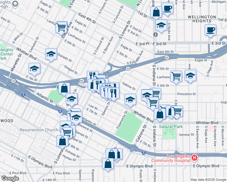 map of restaurants, bars, coffee shops, grocery stores, and more near 803 Spence Street in Los Angeles