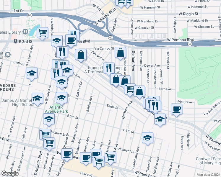 map of restaurants, bars, coffee shops, grocery stores, and more near 5529 Via Corona Street in East Los Angeles