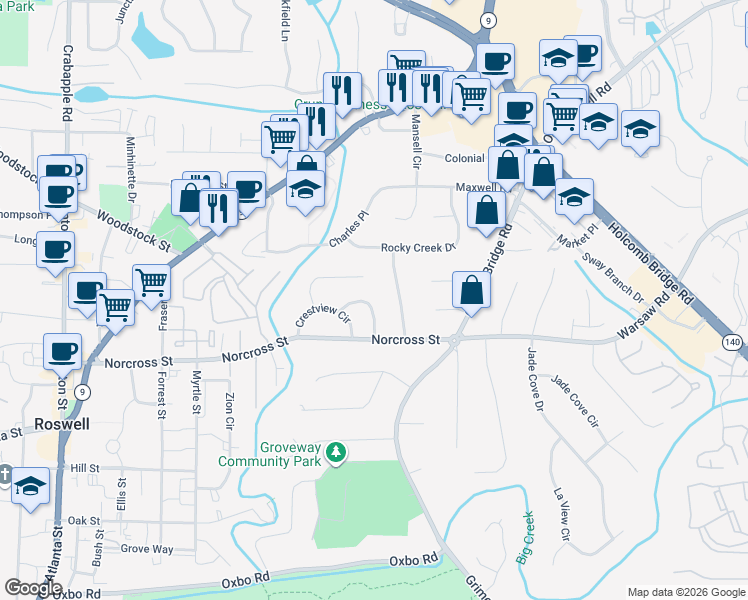 map of restaurants, bars, coffee shops, grocery stores, and more near 426 Afton Drive in Roswell