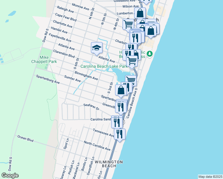 map of restaurants, bars, coffee shops, grocery stores, and more near 709 South 3rd Street in Carolina Beach