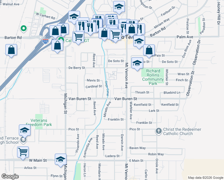 map of restaurants, bars, coffee shops, grocery stores, and more near 12455 Willet Avenue in Grand Terrace