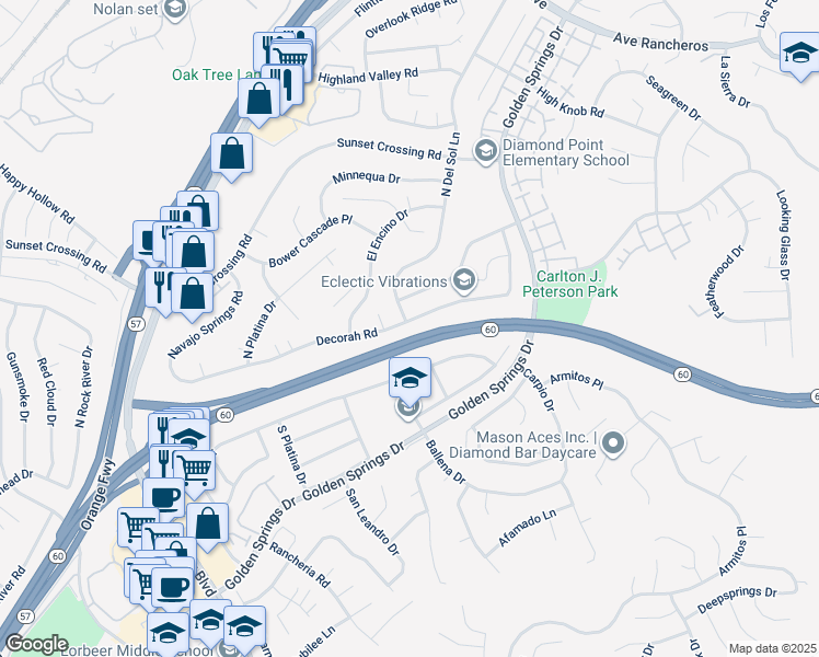 map of restaurants, bars, coffee shops, grocery stores, and more near 23966 Decorah Road in Diamond Bar