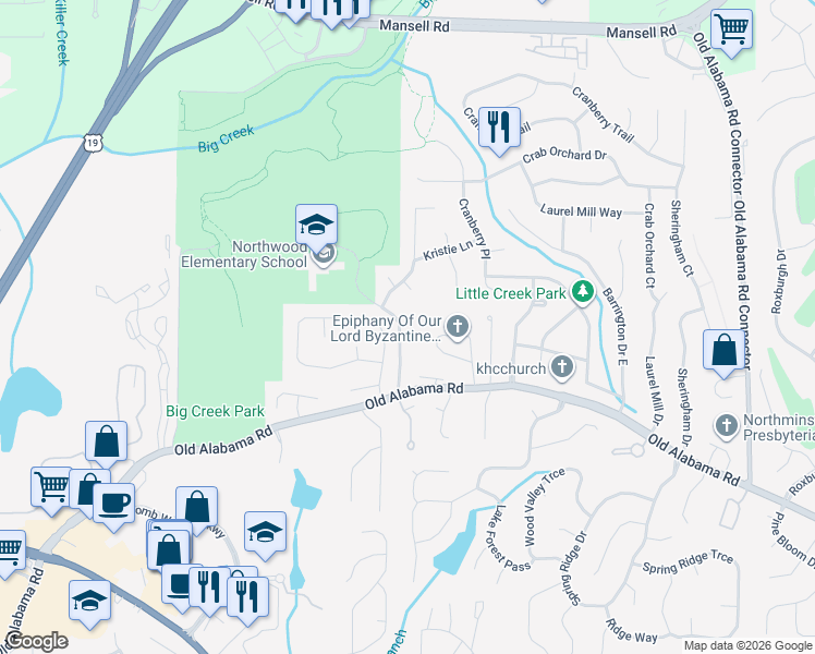 map of restaurants, bars, coffee shops, grocery stores, and more near 10160 Wooten Road in Roswell