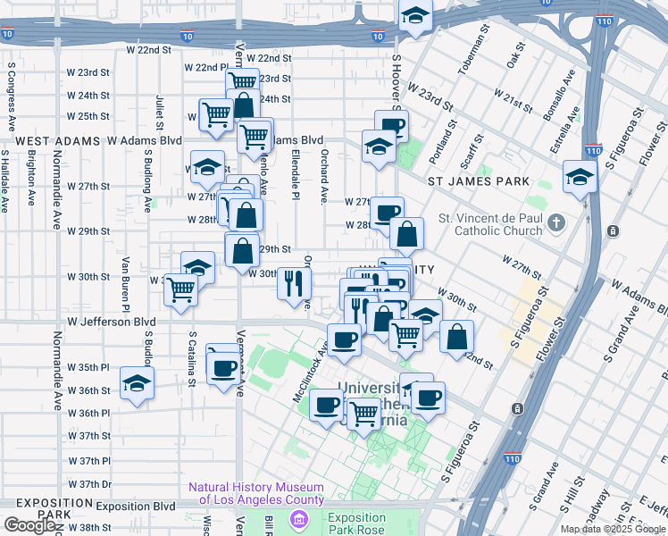 map of restaurants, bars, coffee shops, grocery stores, and more near 1115 West 30th Street in Los Angeles