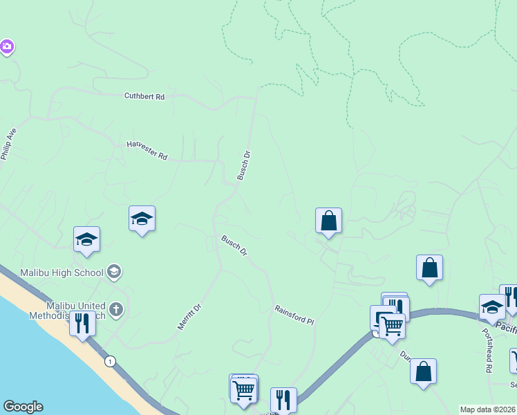 map of restaurants, bars, coffee shops, grocery stores, and more near 29507 Harvester Road in Malibu