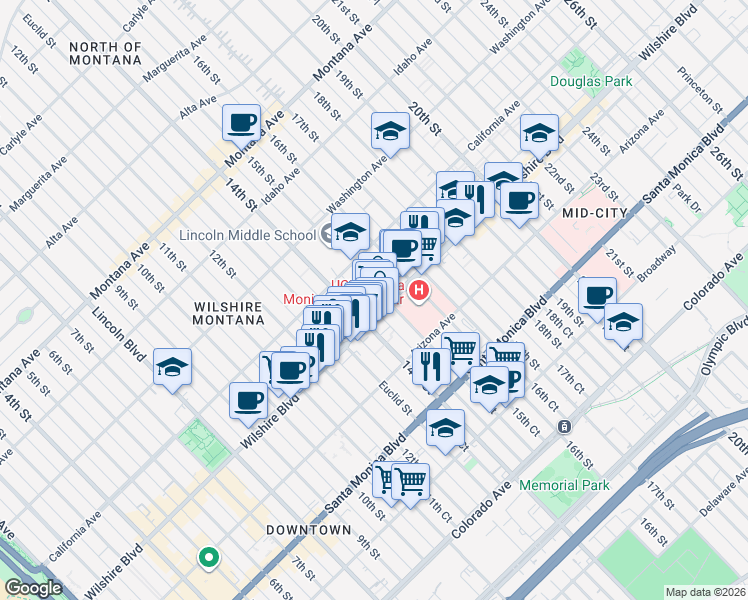 map of restaurants, bars, coffee shops, grocery stores, and more near 1144 15th Street in Santa Monica