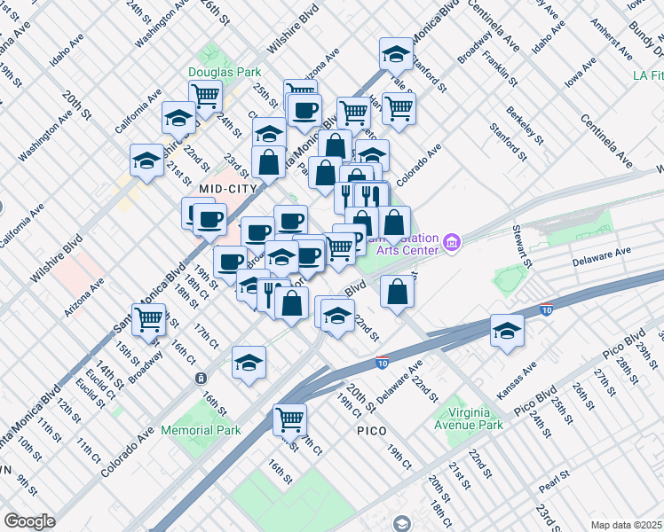 map of restaurants, bars, coffee shops, grocery stores, and more near 2220 Colorado Avenue in Santa Monica