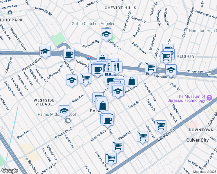 map of restaurants, bars, coffee shops, grocery stores, and more near 3387 Motor Avenue in Los Angeles