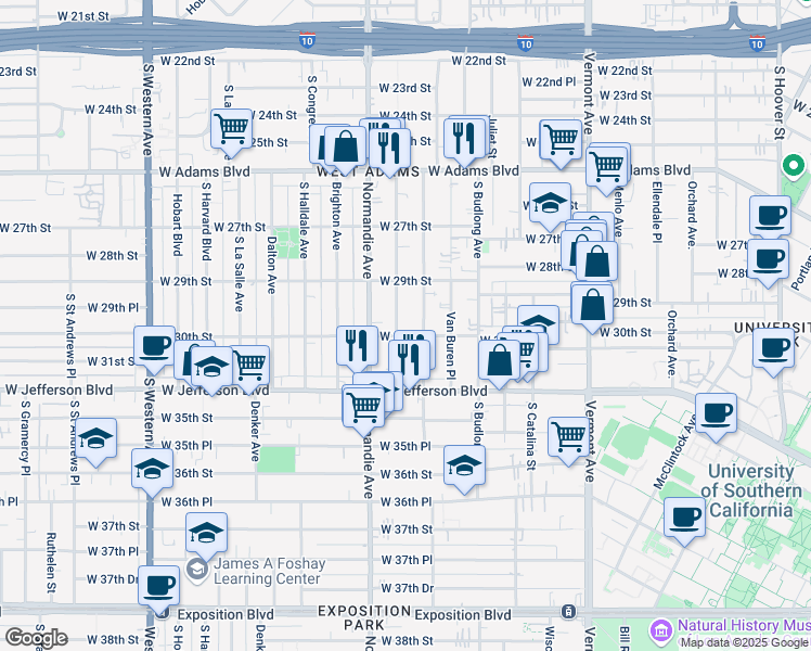 map of restaurants, bars, coffee shops, grocery stores, and more near 1545 West 30th Street in Los Angeles