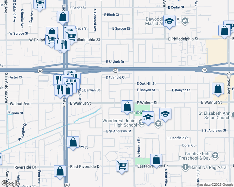 map of restaurants, bars, coffee shops, grocery stores, and more near 570 East Banyan Street in Ontario