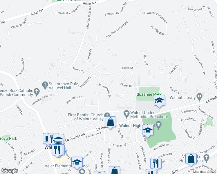 map of restaurants, bars, coffee shops, grocery stores, and more near 716 El Vallencito Drive in Walnut