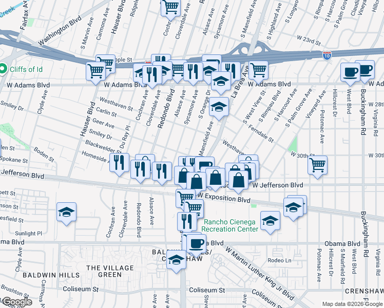 map of restaurants, bars, coffee shops, grocery stores, and more near 5113 Roseland Street in Los Angeles