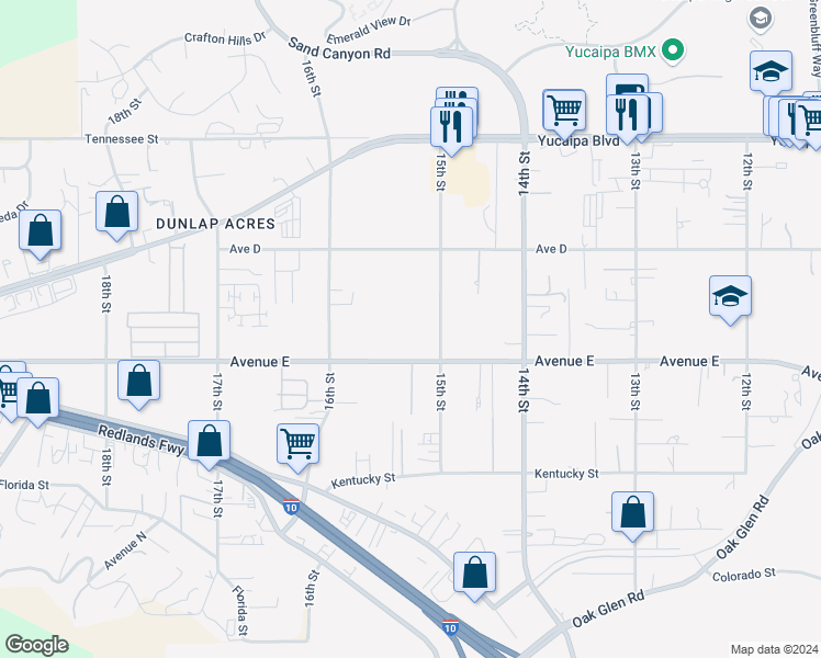 map of restaurants, bars, coffee shops, grocery stores, and more near 12446 15th Street in Yucaipa