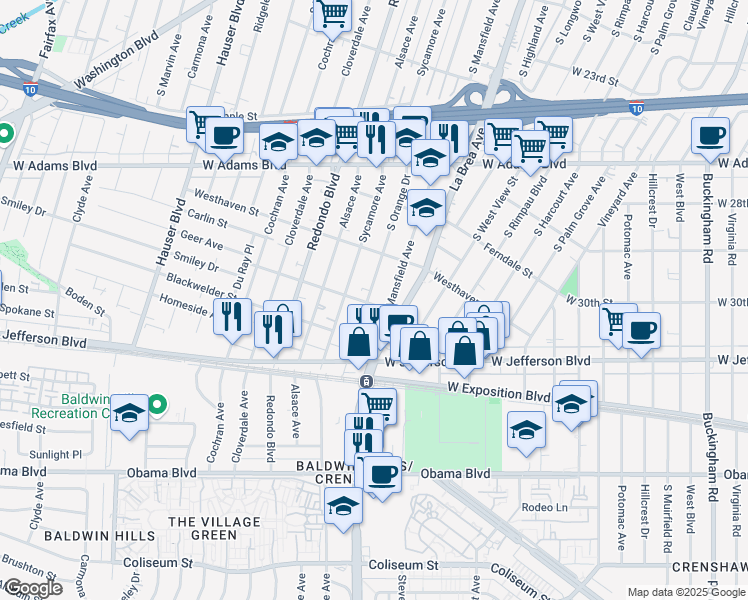 map of restaurants, bars, coffee shops, grocery stores, and more near 5113 Roseland Street in Los Angeles