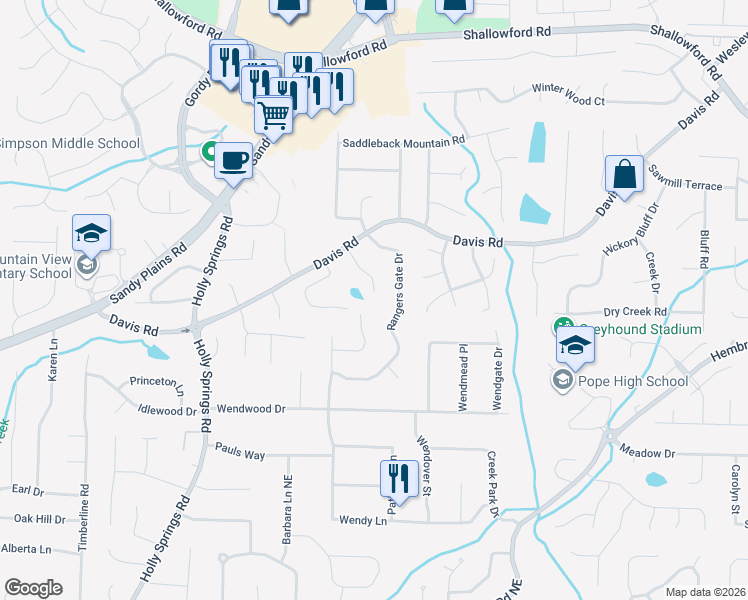 map of restaurants, bars, coffee shops, grocery stores, and more near 3079 Aberdeen Court in Marietta