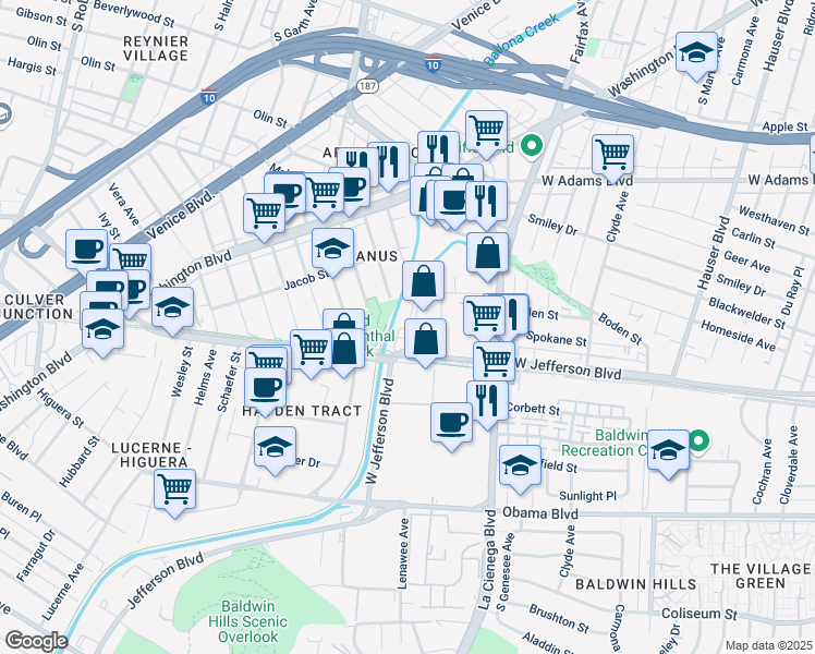 map of restaurants, bars, coffee shops, grocery stores, and more near 3345 La Cienega Place in Los Angeles