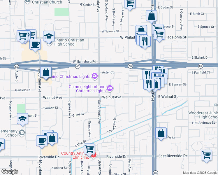 map of restaurants, bars, coffee shops, grocery stores, and more near 6763 Poinsettia Court in Chino