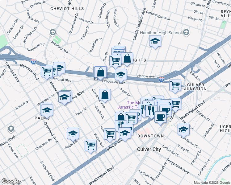 map of restaurants, bars, coffee shops, grocery stores, and more near 9827 Hannum Drive in Los Angeles