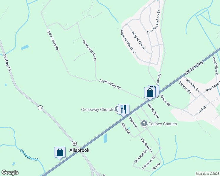 map of restaurants, bars, coffee shops, grocery stores, and more near 121-355 Apple Valley Road in Loris