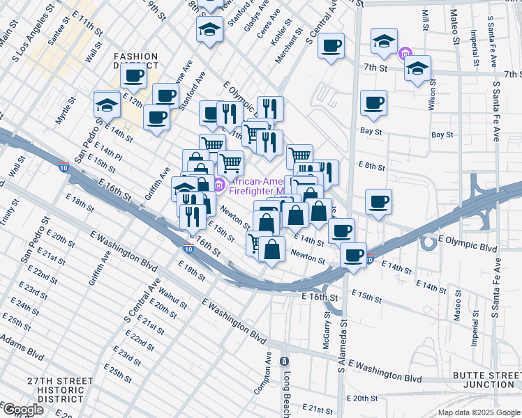 map of restaurants, bars, coffee shops, grocery stores, and more near 1240 Naomi Ave in Los Angeles
