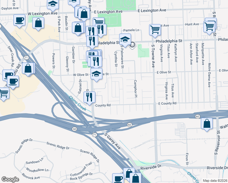 map of restaurants, bars, coffee shops, grocery stores, and more near 2430 Angela Street in Pomona