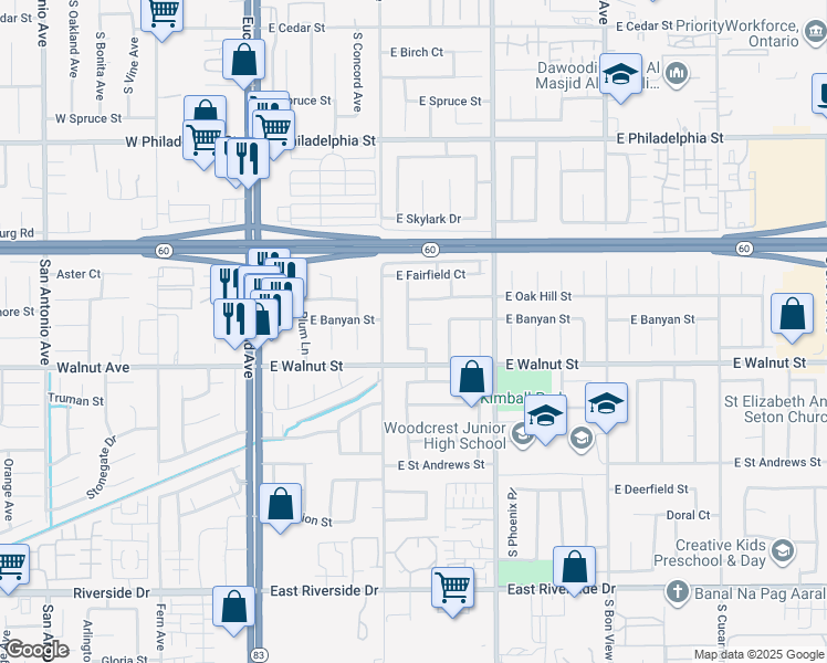 map of restaurants, bars, coffee shops, grocery stores, and more near 538 East Banyan Street in Ontario