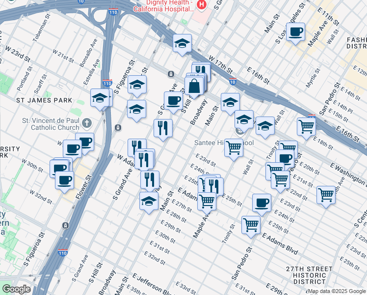 map of restaurants, bars, coffee shops, grocery stores, and more near 2301 South Main Street in Los Angeles