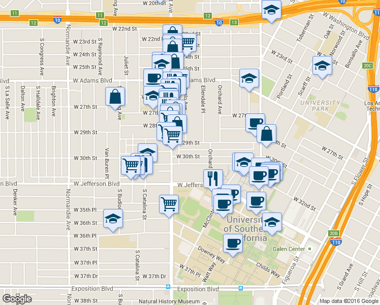 map of restaurants, bars, coffee shops, grocery stores, and more near 1239 West 30th Street in Los Angeles