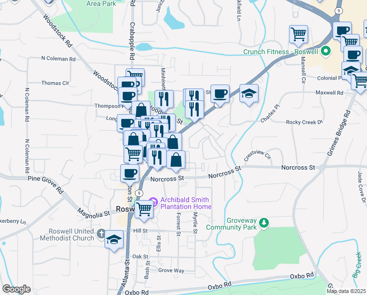 map of restaurants, bars, coffee shops, grocery stores, and more near 1065 Frazier Street in Roswell