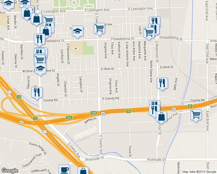 map of restaurants, bars, coffee shops, grocery stores, and more near 886 Curtis Court in Pomona