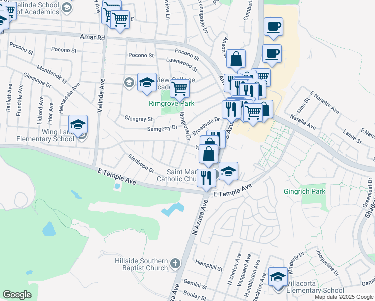 map of restaurants, bars, coffee shops, grocery stores, and more near 536 Rimgrove Drive in La Puente